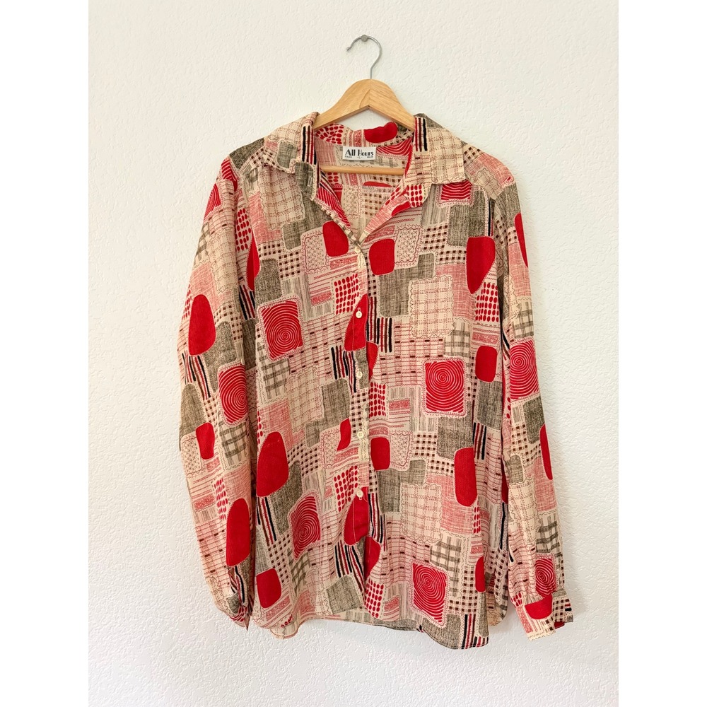 Vintage All Hours Blouse L Red Geometric Abstract Button Down Long Sleeve Top
